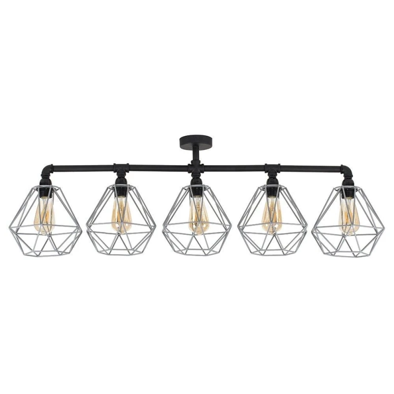Image of ValueLights Luiggi Black 5 Way Bar Ceiling Light With Grey Wire Pendant Shade Black