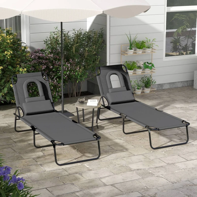 Image of Outsunny Outsunny - Folding Sun Lounger Set of 2 Reclining Chair with Reading Hole Grey 5056725390303