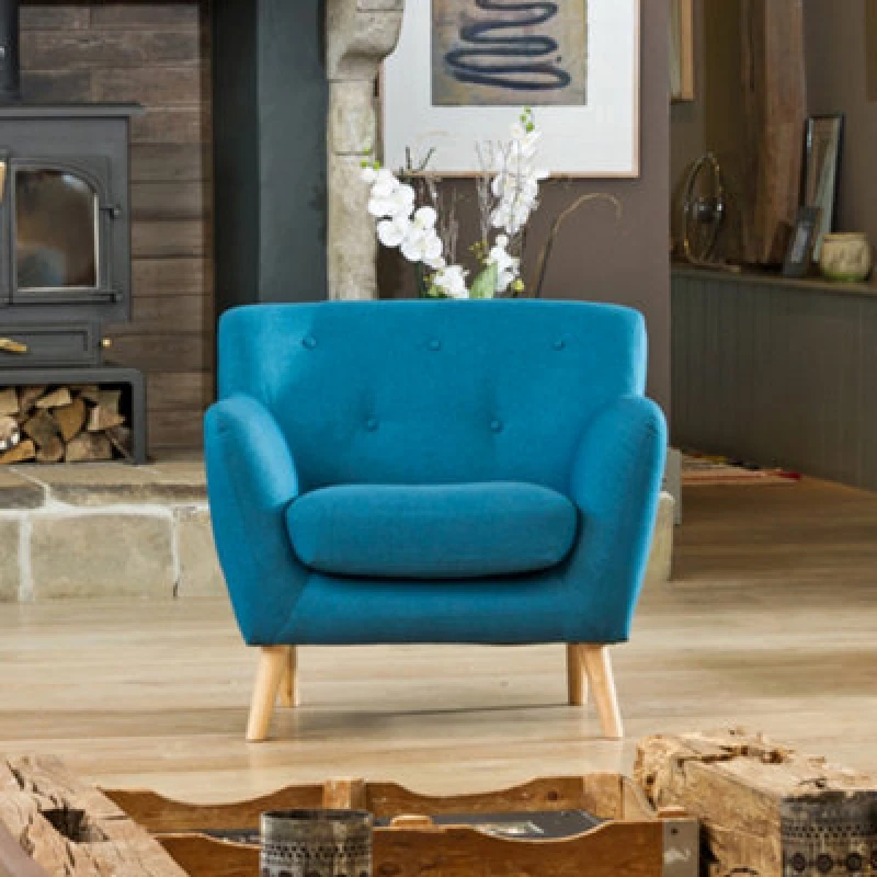 Image of Lynwood 86Cm Wide Teal Textured Fabric Scandi Arm Chair With Both Light And Dark Wooden Legs