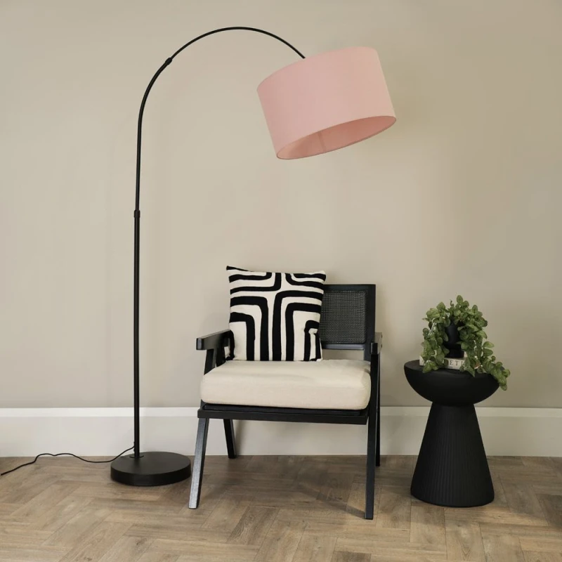 Image of ValueLights Louis Black Arched Curved Floor Lamp with Fabric Drum Lamp Shade Dusty Pink