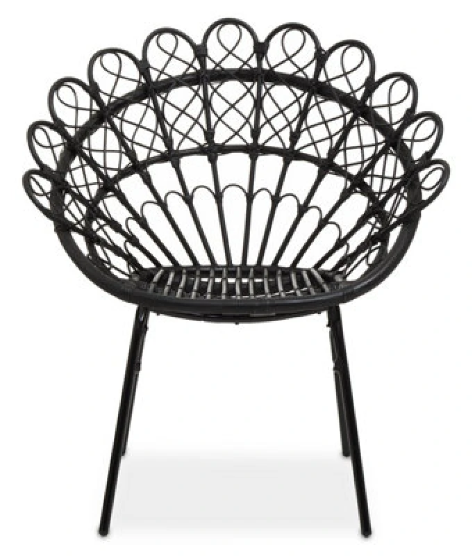 Image of Orsina Black Rattan Round Peacock Chair, Unique Chair With Metal Legs, Rattan Dining Chair, Rattan Outdoor Chair