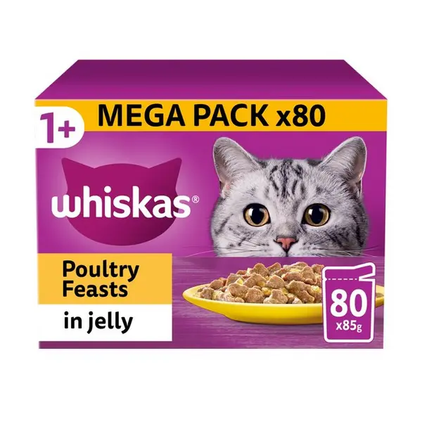 Image of Whiskas 1+ Adult Poultry Feasts in Jelly Cat Food 80 x 85g