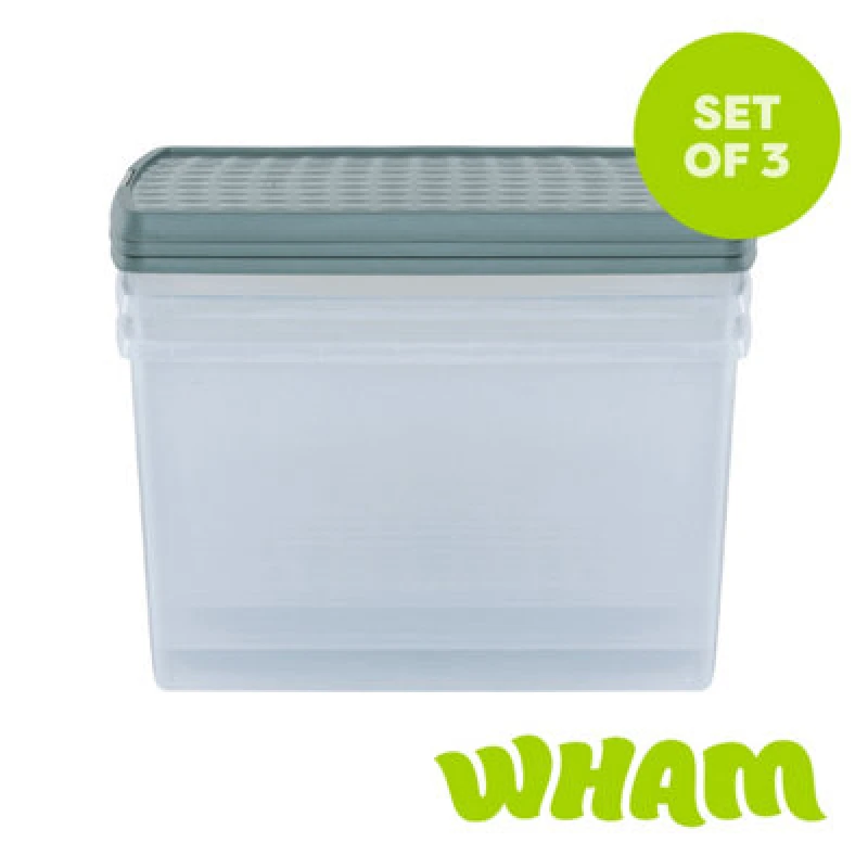 Image of Wham Clip 3X 62L Rectangular Plastic Storage Boxes With Clip Lock Lids. Ideal For Home, Office, Toys & More - Clear/green Milieu