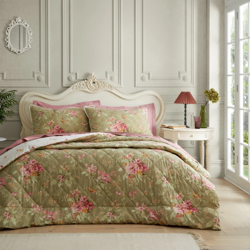 Image of Bridgerton Penelope Floral Print Bedspread 200cm x 200cm Green