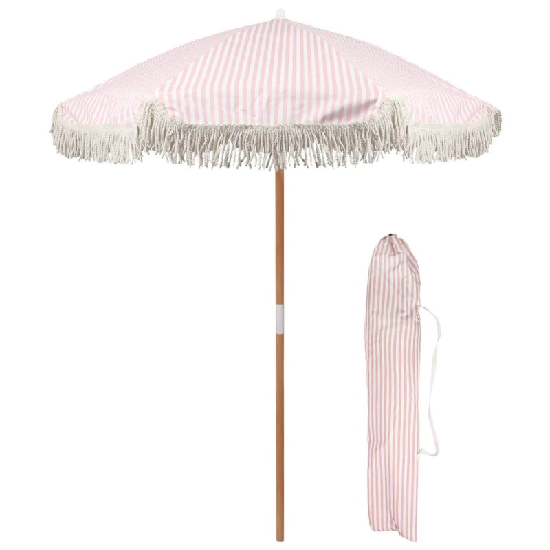 Image of Harbour Housewares 1.4M Wooden Garden Parasol with Tassel Fringe with Carry Bag - UPF30+ in Pink Pink Unisex