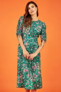 Image of Green Animal Floral Print Ruched Sleeve Midi Dress