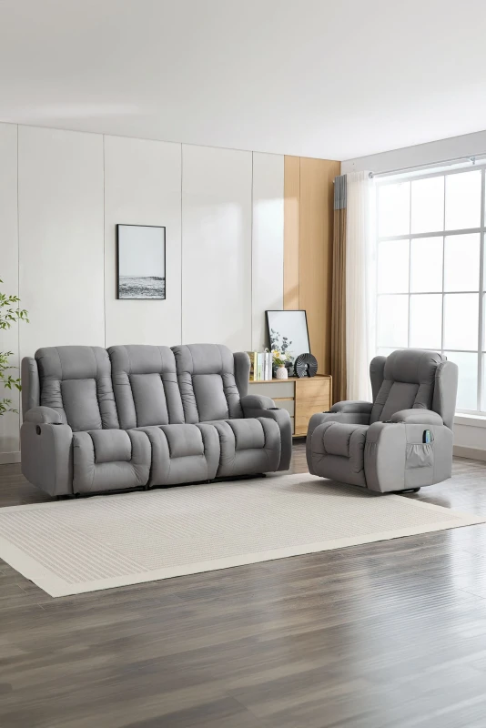 Image of More4Homes Caesar 1+2 Seater Grey Technology Fabric Modern Manual Recliner Sofa Set Grey