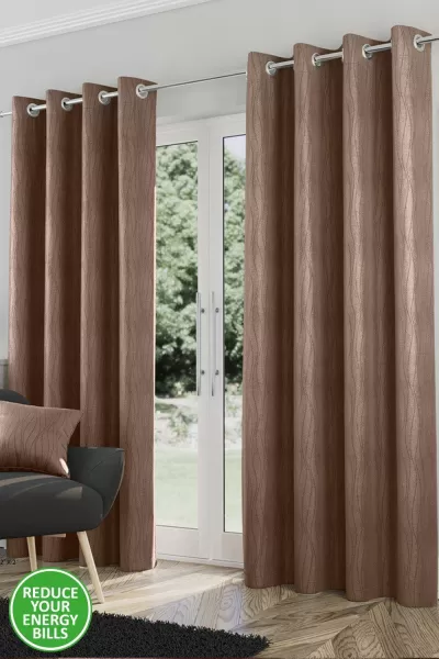 Image of Enhanced Living Goodwood Bronze Thermal, Energy Saving, Dimout Eyelet Pair Of Curtains With Wave Pattern 66 X 72" (168X183Cm)