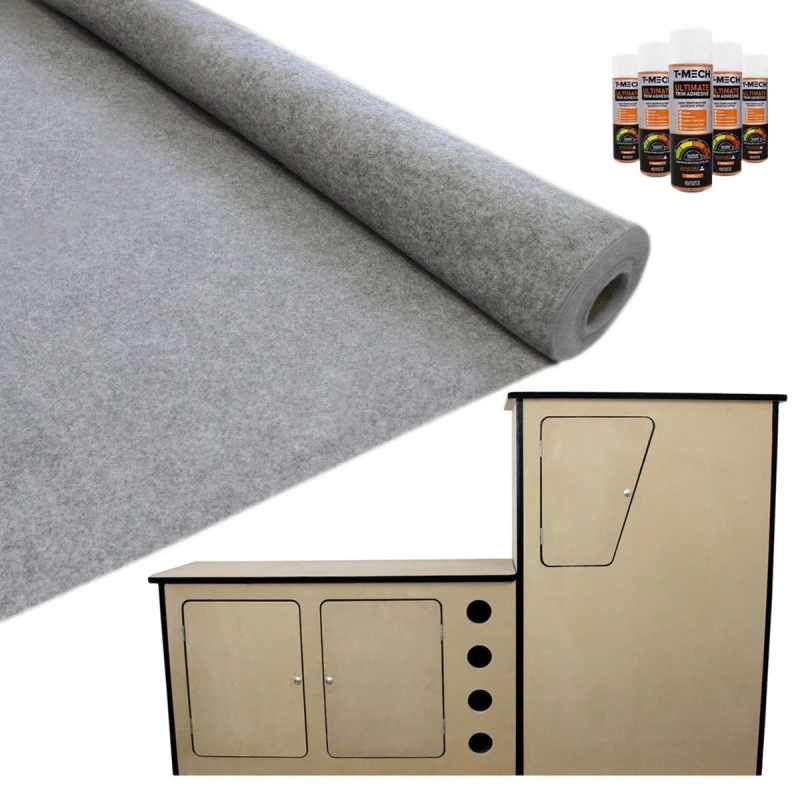 Image of T-Mech 11M2 Van Lining Carpet Super Stretch Kit Smoke Grey With Camper Motor Home Kitchen Unit