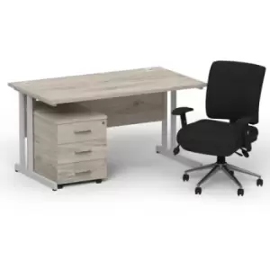 Image of Impulse 1400 x 800 Silver Cant Office Desk Grey Oak + 3 Dr Mobile Ped & Chiro Med Back Black W/Arms