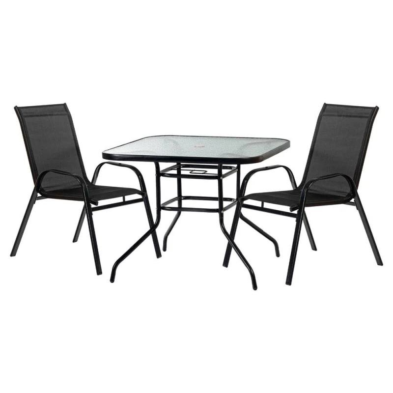 Image of Harbour Housewares 2 Person Garden Furniture Set - Glass Top Outdoor Patio Coffee Bistro Table And Chairs - 90 X 90Cm - Black