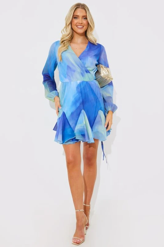 Image of In The Style Abstract Print Chiffon Wrap Godet Frill Mini Dress Blue