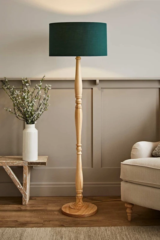 Image of ValueLights Victoria Light Wood Traditional Stem Floor Lamp with Fabric Drum Shade Green