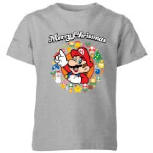 Image of Nintendo Super Mario Mario Merry Christmas Wreath Kid's T-Shirt - Grey - 5-6 Years