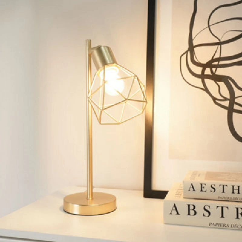 Image of ValueLights Angus Metal Geometric Basket Shade Table Lamp Gold