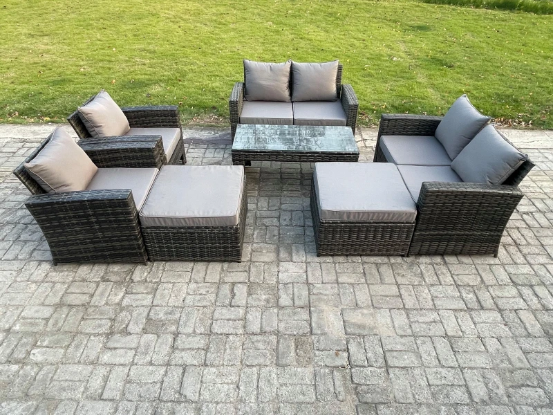 Image of Fimous 8 Seater High Back Rattan Garden Furniture Sofa Sets with Rectangular Coffee Table 2 Big Footstool Loveseat Sofa Armchair Dark Grey Mixed Dark