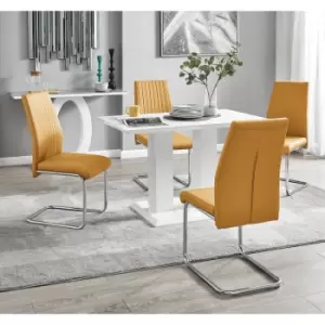 Image of Furniturebox UK - Furniturebox Imperia 4 High Gloss White Modern Dining Table And 4 Mustard Lorenzo Faux Leather Faux Leather Dining Chairs