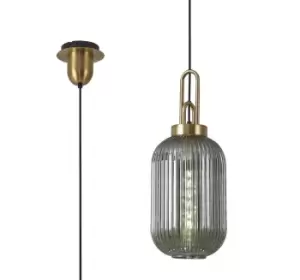 Image of 1 Light Pendant E27 With 20cm Tubular Ribbed Glass, Smoked Brass Gold, Matt Black