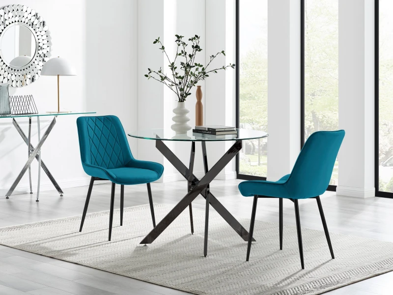 Image of FurnitureboxUK FurnitureboxUK Novara 100cm Round Black Leg Dining Table & 2 Pesaro Black Leg Chairs in Blue Blue One Size Unisex 5056784304525