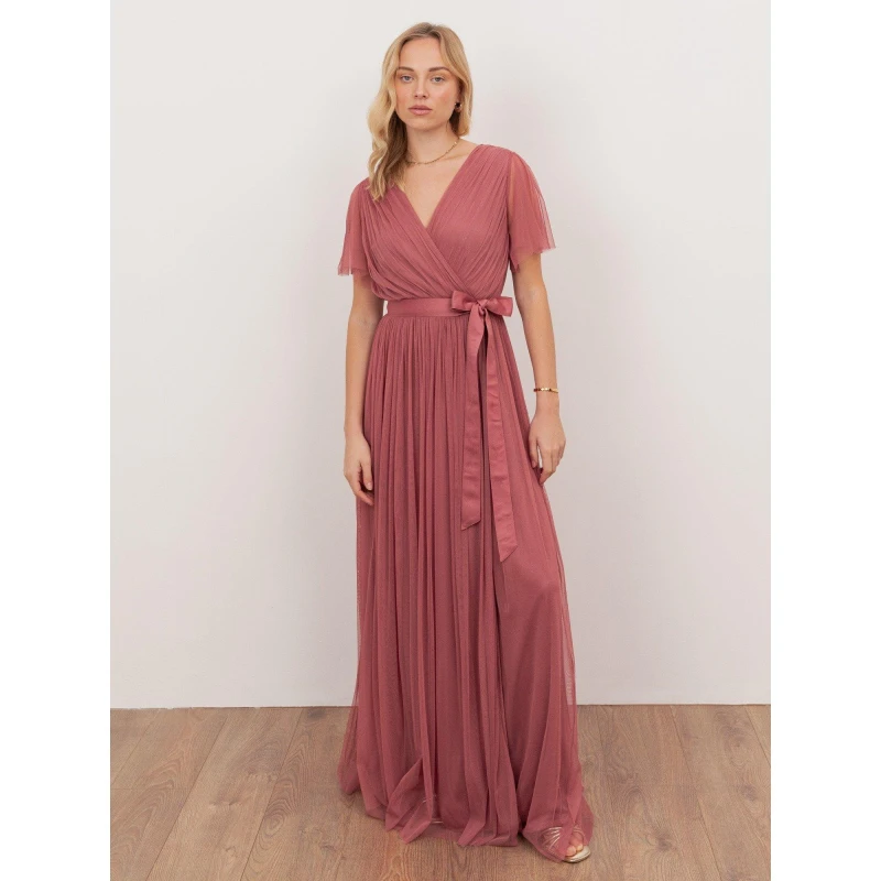 Image of Anaya with Love Womens Tulle Faux Wrap Short Sleeve Maxi Dress in Pink Size: 14 Pink Female 14