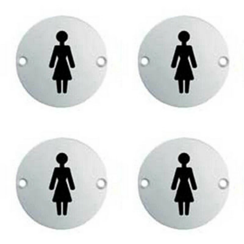 Image of Loops 4x Bathroom Door Female Symbol Sign 64mm Fixing Centres 76mm Dia Polished Steel Metallics