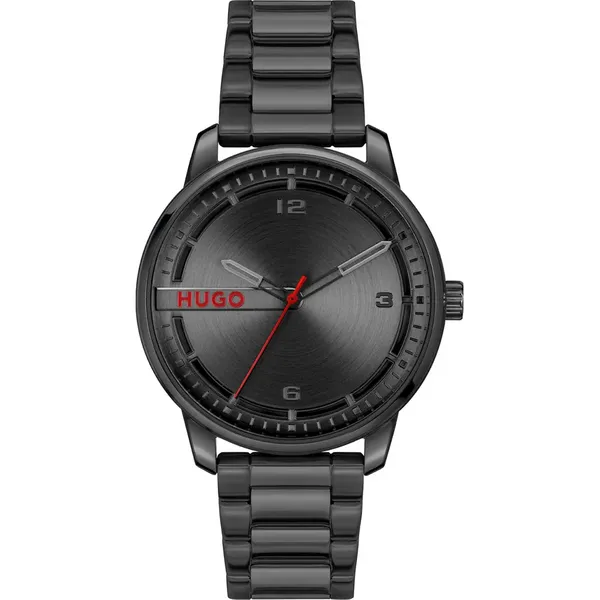 Image of HUGO 1530365 Mens #Stamp (42mm) Black Dial / Black Watch
