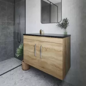 Image of Nuie - Athena Wall Hung 2-Door Vanity Unit with Sparkling Black Worktop 800mm Wide - Natural Oak