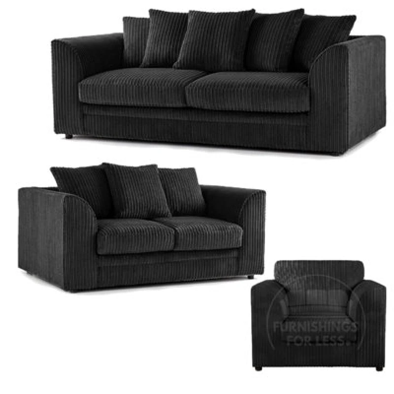 Image of Furnishings For Less UK Luxor Jumbo Cord 3 + 2 + 1 Fabric 3 Piece Sofa Suite - Scatter Back Black