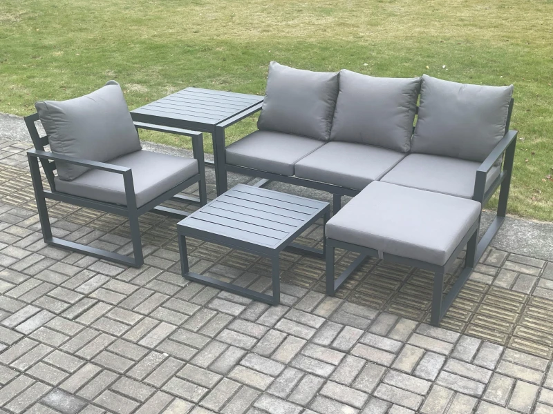Image of Fimous Aluminium Outdoor Garden Furniture Set Lounge Sofa Chairs Square Coffee Table Sets with Side Table Big Footstool Conservatory Set in Dark Grey