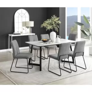 Image of Furniturebox Carson White Marble Effect Rectangular 160cm Dining Table & 6 Dark Grey Halle Fabric Chairs