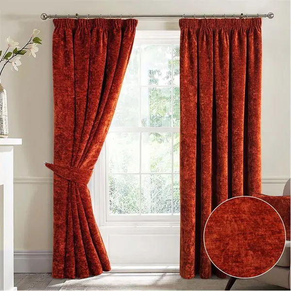 Image of Home Curtains Camden Heavyweight Chenille Pencil Pleat Curtains - Orange 45x54