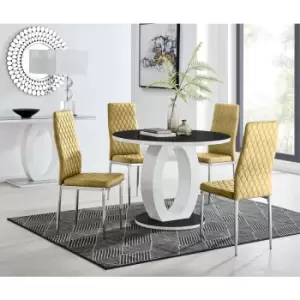 Image of Furniturebox UK - Furniturebox Giovani Black 100cm Round Dining Table and 4 Mustard Velvet Milan Dining Chairs With Silver Legss