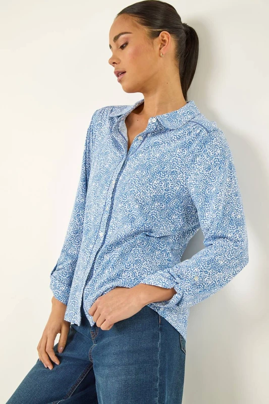 Image of Roman Womens Petite Abstract Spot Jersey Shirt in Blue Size: 16 Blue Female 16