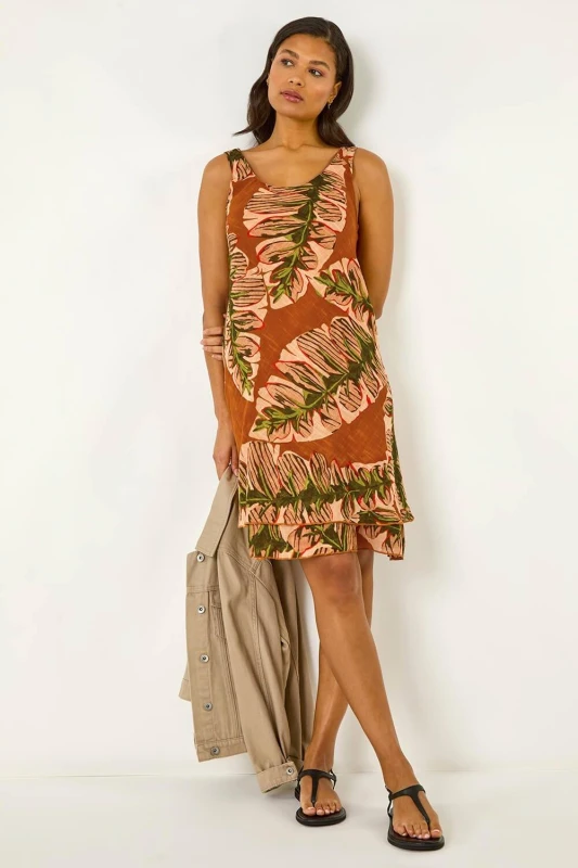Image of Roman Womens Leaf Print Double Layer Dress in Amber Size: 16 Amber Female 16
