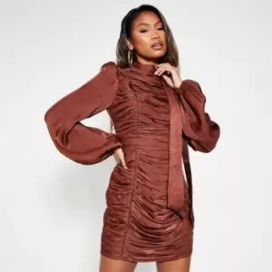 Image of I Saw It First Shimmer Satin Ruched Detail High Neck Mini Dress - Brown