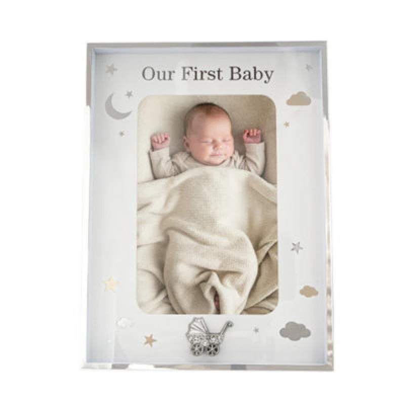 Image of Happy Homewares First Baby Silver Plated Frame With Gold And Silver Stars And Clouds