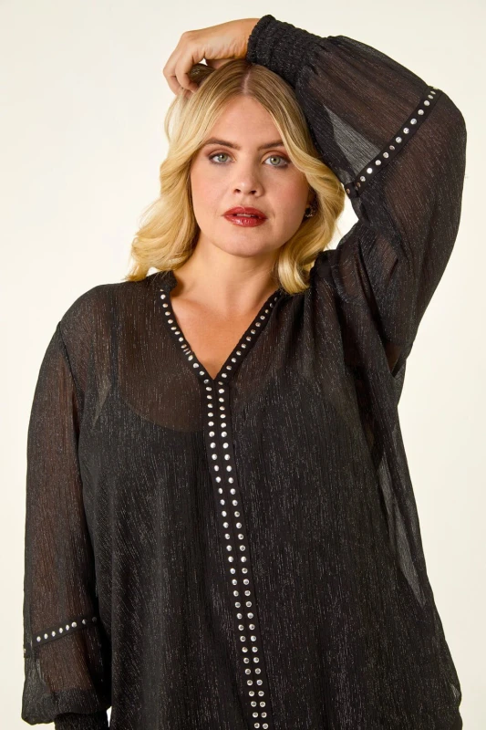 Image of Roman Womens Curve Shimmer Chiffon Blouse in Black Size: 22-24 Black Female 22-24