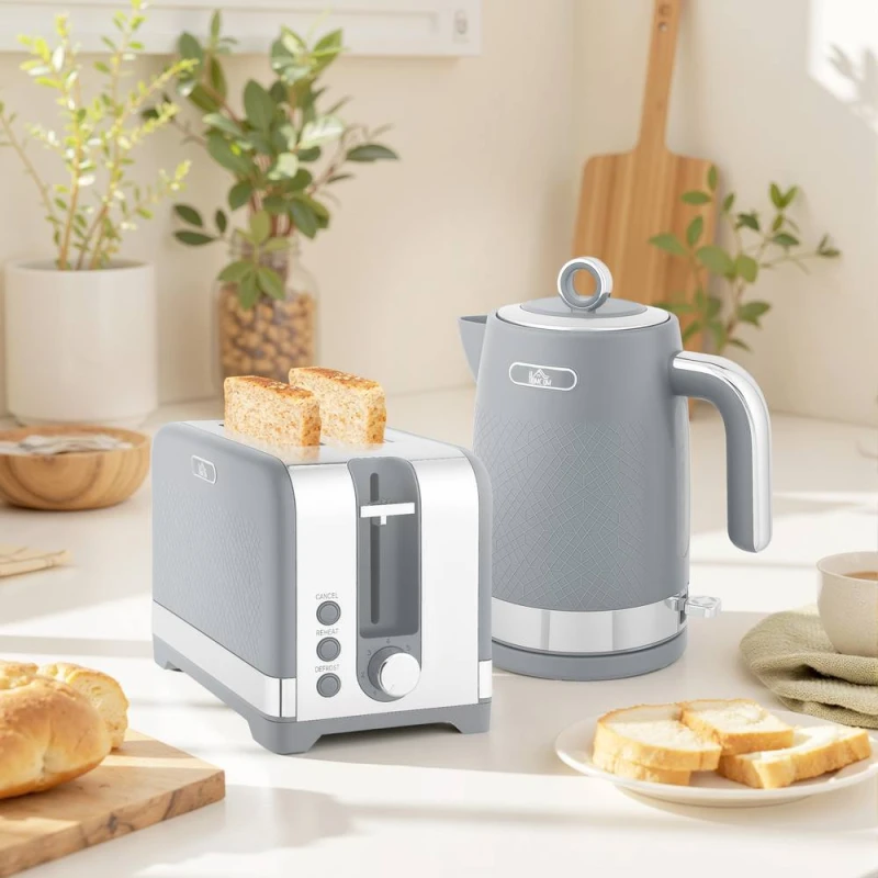 Image of HOMCOM 3000W Rapid Boil Kettle & Toaster Set with Otter Thermostat in Grey Grey Unisex