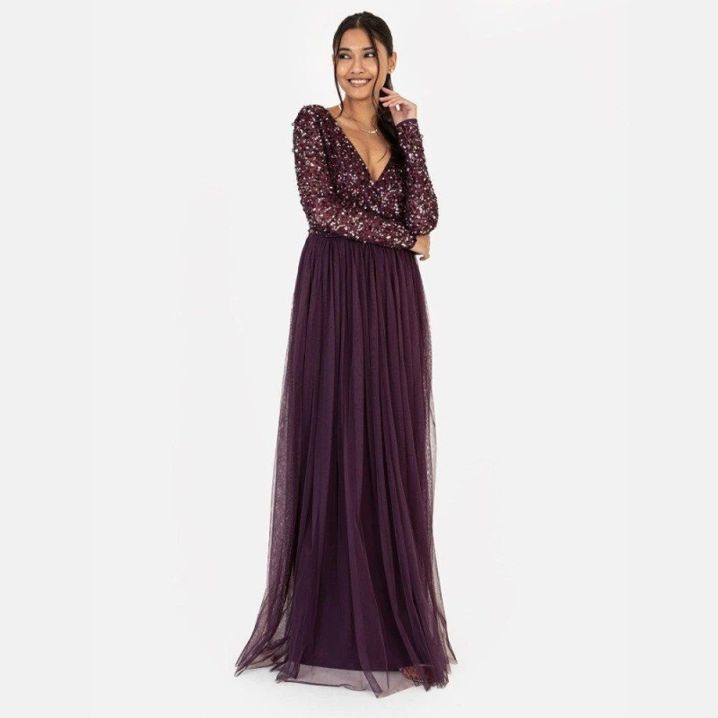 Image of Maya Deluxe Maya Faux Wrap Front Embellished Maxi Dress Berry female 6 (2XS)