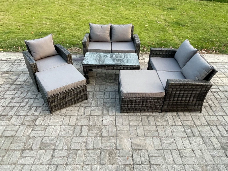 Image of Fimous 7 Seater High Back Rattan Garden Furniture Sofa Sets with Rectangular Coffee Table 2 Big Footstool Loveseat Sofa Armchair Dark Grey Mixed Dark