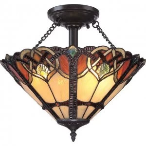 Image of 2 Light Semi Flush Ceiling Light Vintage Bronze, Tiffany Glass, E27