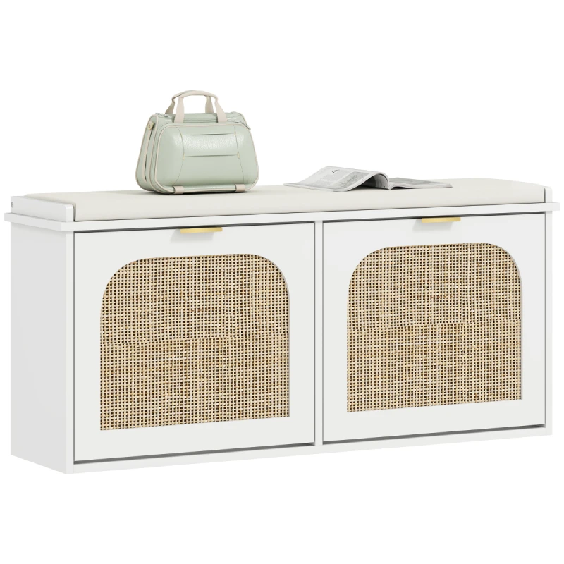 Image of HOMCOM Boho Shoe Bench with Padded Seat and 2 Flip-Drawers, White 837-600V71WT
