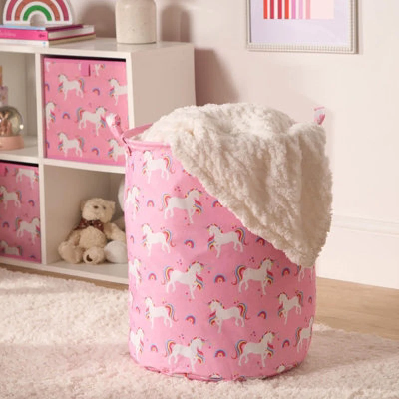 Image of OHS OHS Kids Laundry Basket Clothes Shoe Storage Toy Organiser Pop Up, Unicorn - Pink Pink One Size Unisex 5027434215621