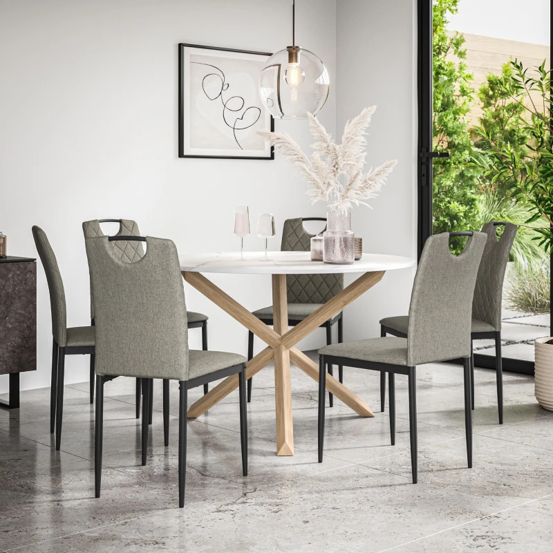 Image of More4Homes Malvern Round Dining Table And Chairs - Marble Table Top W Solid Oak Legs + Monza Fabric Dining Chair Set Of 6 (Grey)