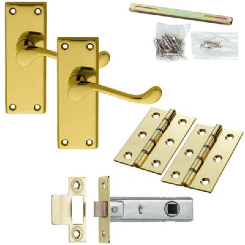 Image of Loops Door Handle & Latch Pack Brass Victorian Scroll Bar Curved Short Backplate Metallics