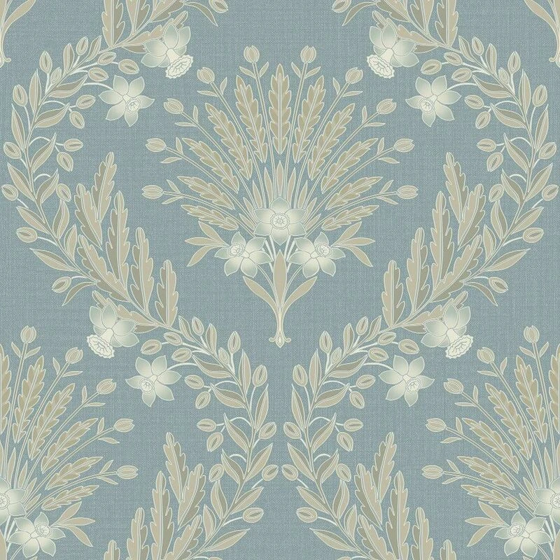 Image of Grandeco Flora Damask Blown Vinyl Wallpaper - Light Blue Blue