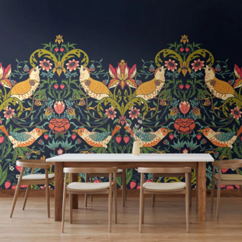 Image of Origin Murals Birds, Fruit And Foliage - Navy And Coral Matt Smooth Paste The Wall Mural 350Cm Wide X 280Cm High