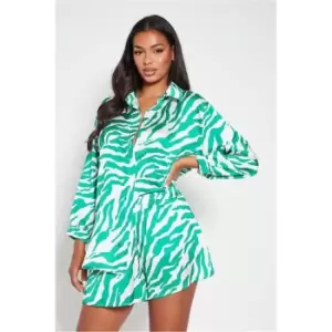 Image of I Saw It First Zebra Oversized Printed Satin Shirt - Green