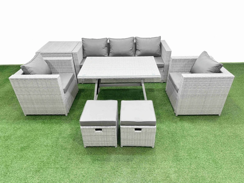 Image of Fimous 8 Pieces Outdoor PE Rattan Sofa Armchair Set with Side Table 2 Stools in Light Grey Light Grey Unisex
