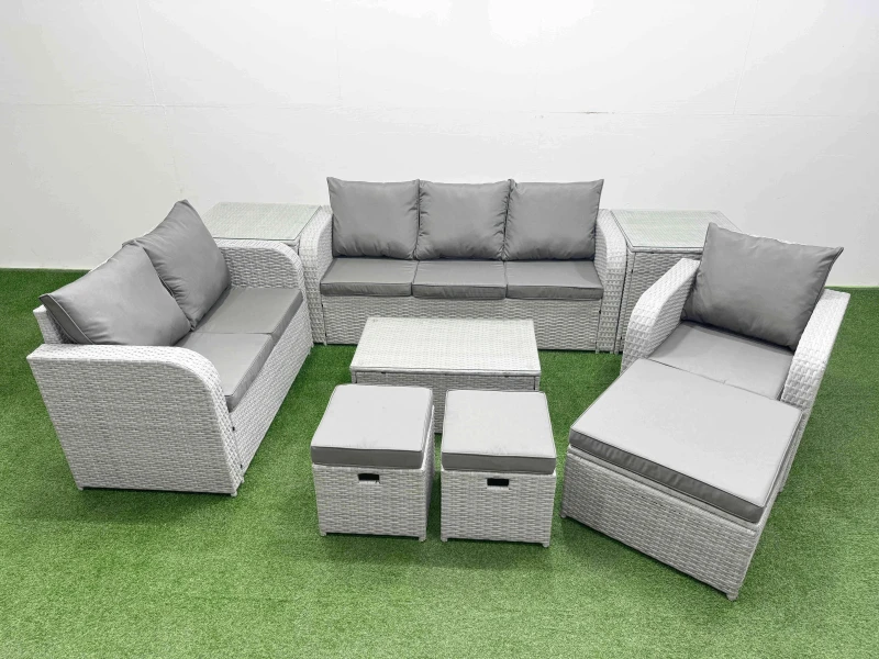 Image of Fimous Patio PE Wicker 9 Seater Outdoor Rattan Furniture Sofa Sets with Rectangular Coffee Table Reclining Chair Loveseat Sofa 3 Seater Sofa Stool 2 S